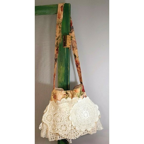 Boho Handbag Unique Gypsy Purse Hippie Bag Vintage Crochet Lace Doilies Fringe - Picture 6 of 11